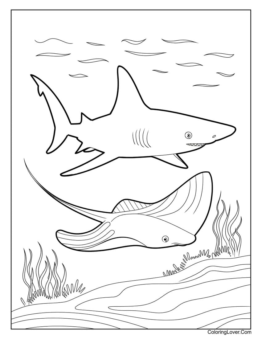 Shark Swimming with Manta Ray in Ocean Coloring Page