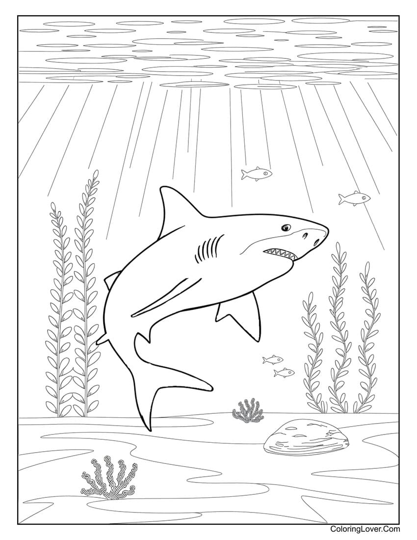 Shark Underwater with Fish and Seaweed Coloring Page