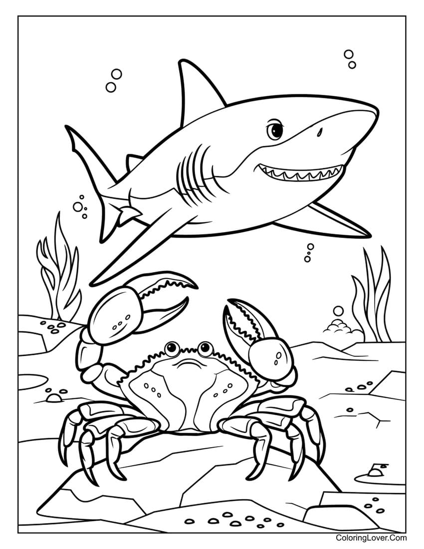 Shark and Crab in Underwater Coral Scene Coloring Page