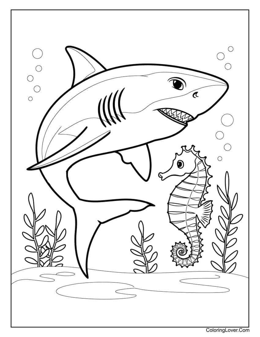 Shark and Seahorse in Underwater Adventure Coloring Page