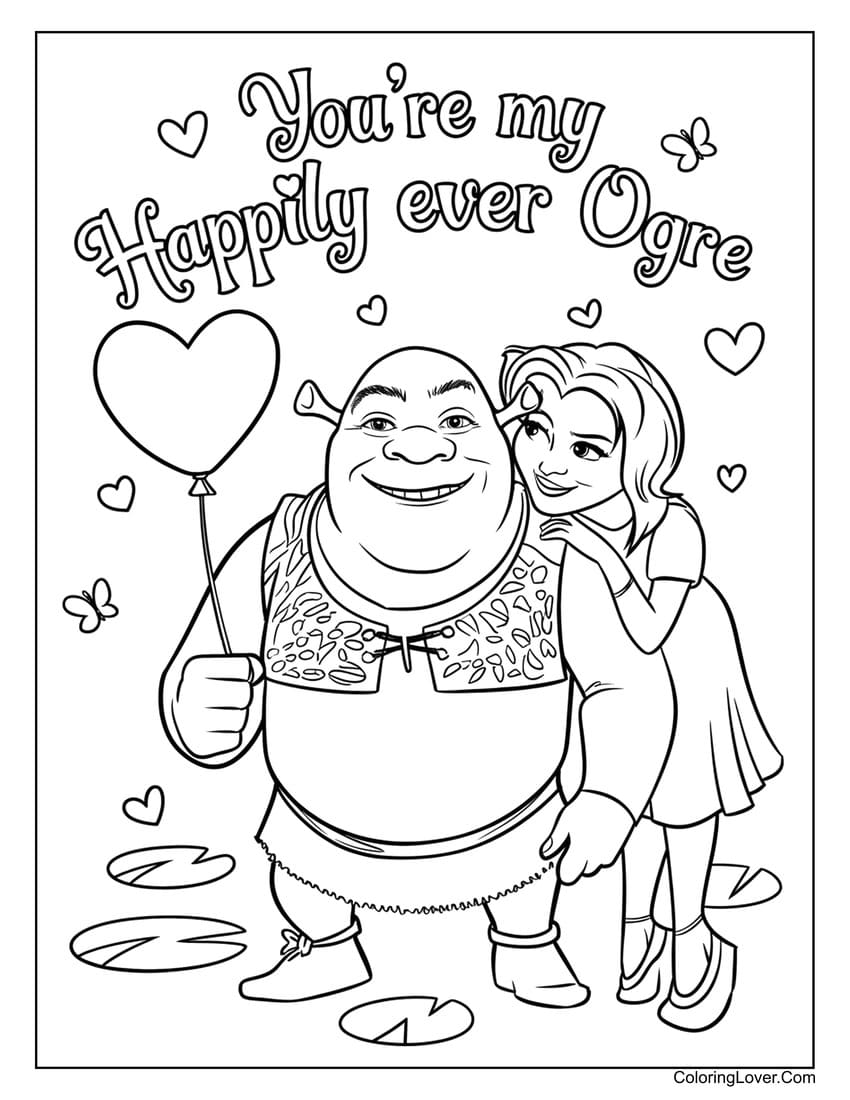 Shrek and Fiona happily ever after Valentine coloring page