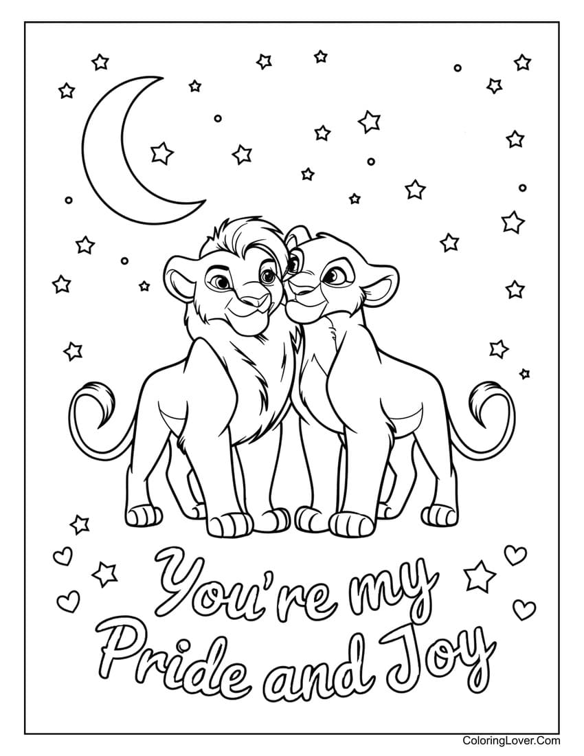 Simba and Nala under stars Valentine coloring page