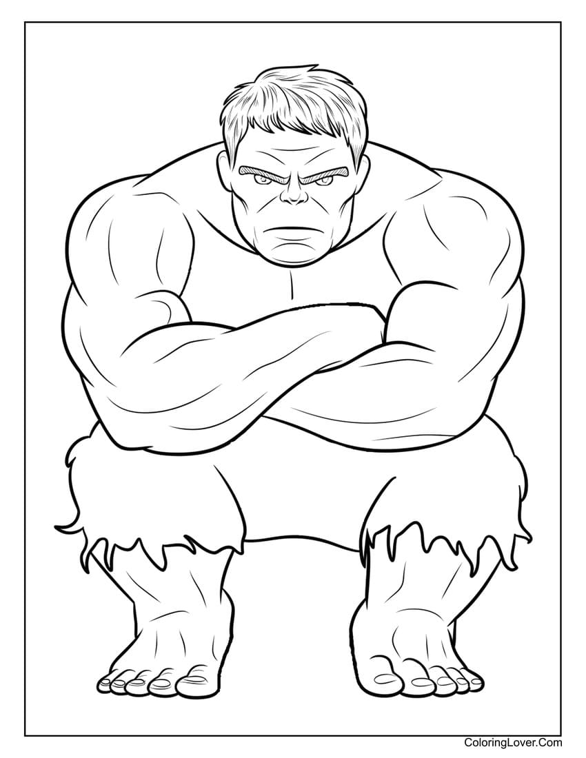 Sitting Hulk pose coloring page for kids