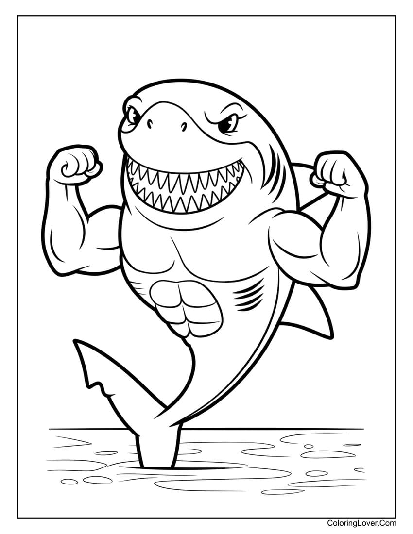 Strong Muscular Shark Showing Biceps Coloring Page