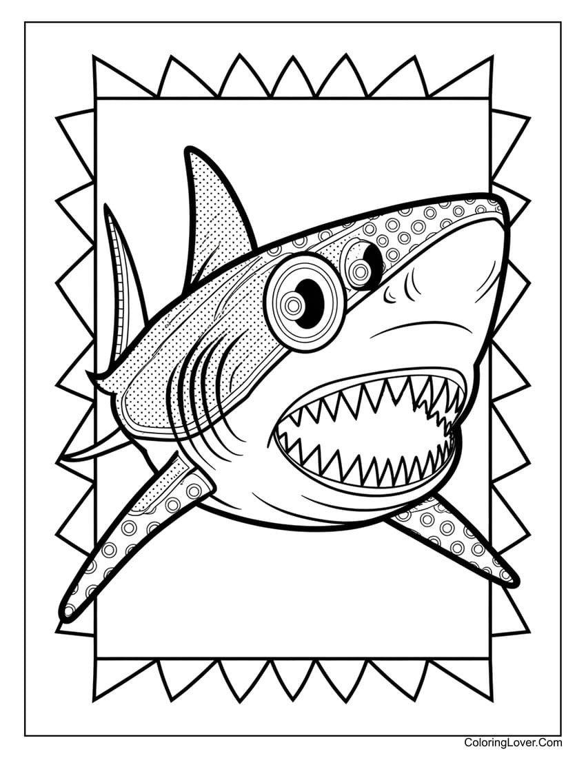 Stylized shark coloring sheet with dynamic details