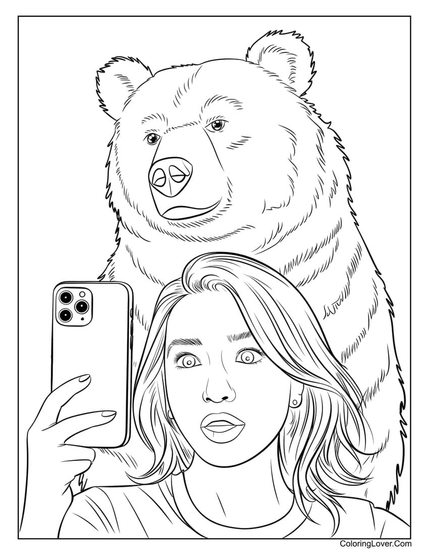 Surprised woman taking selfie with grizzly bear coloring page for adults