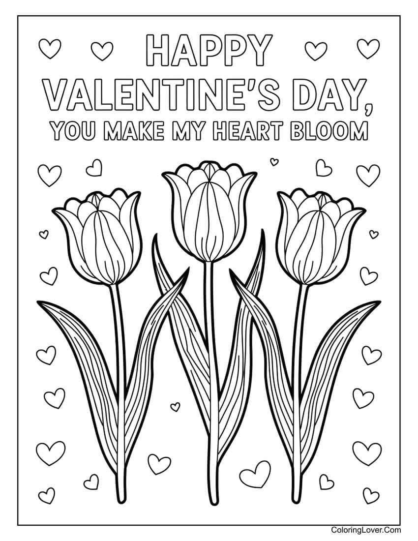 Tulips and hearts for Happy Valentine’s Day coloring page