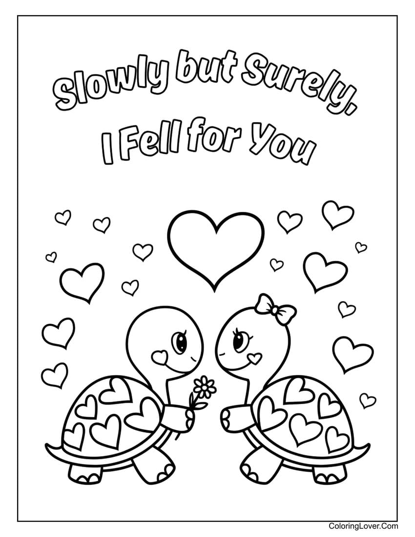 Turtle couple in love with hearts Valentine coloring page