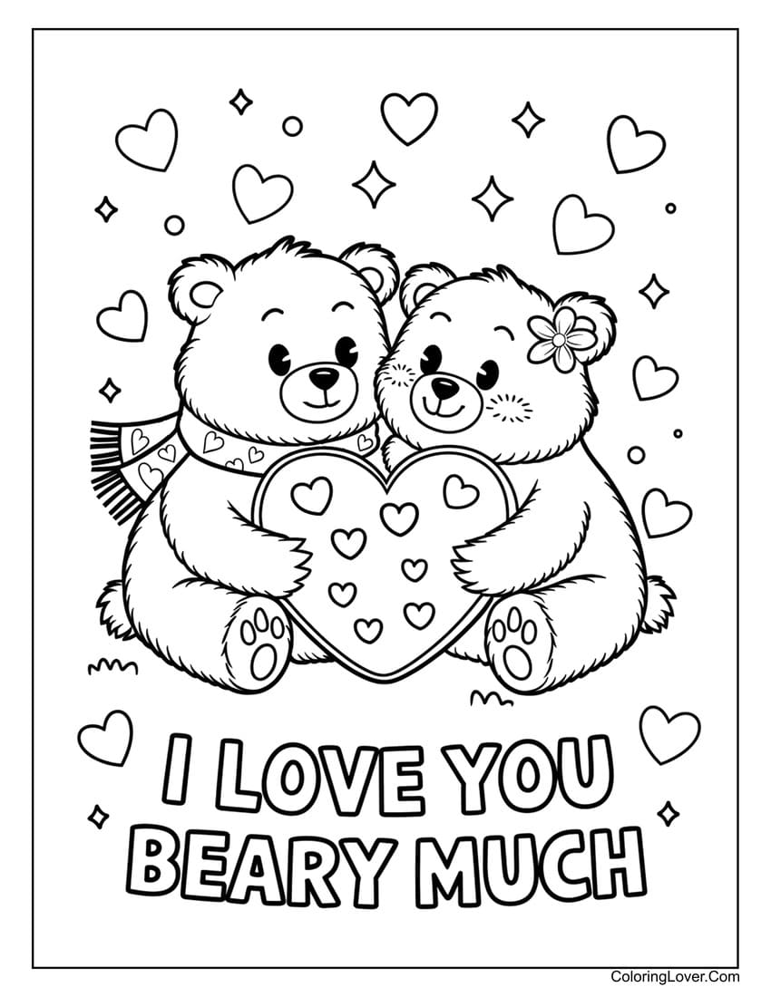 Two bears holding heart for Valentine’s Day coloring page