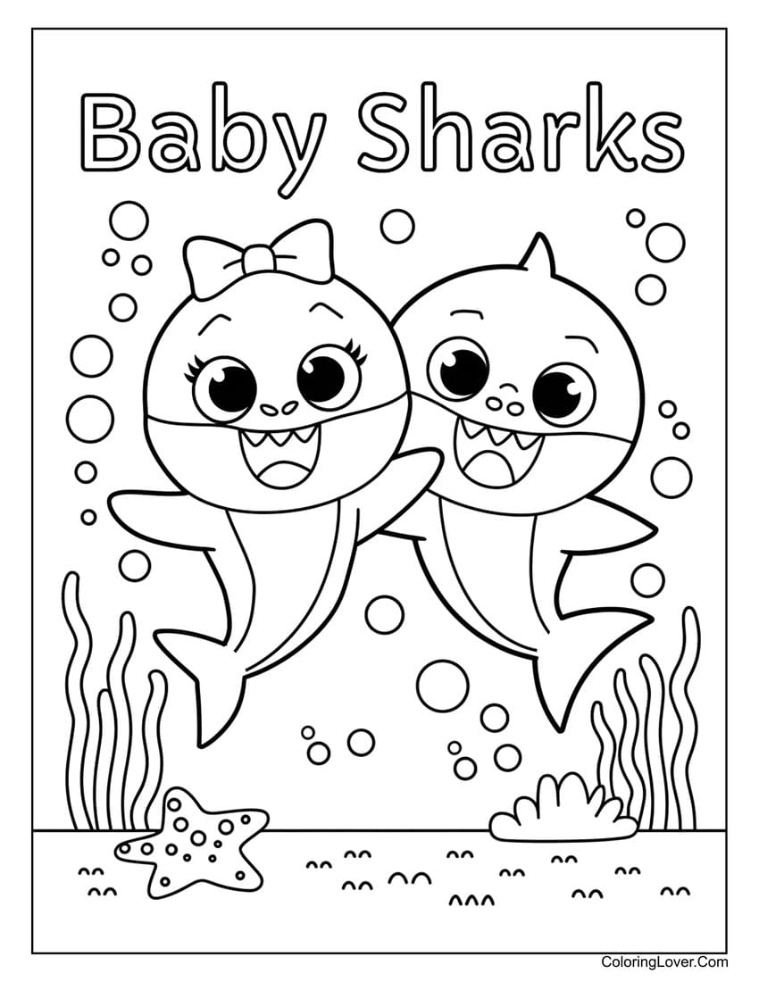 Two Happy Baby Sharks Swimming Together Coloring Page