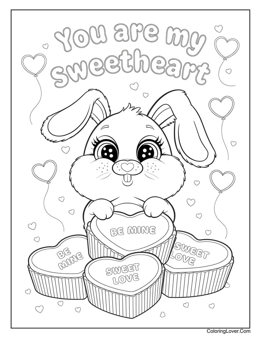 Valentine’s Day bunny with sweet love candies coloring page