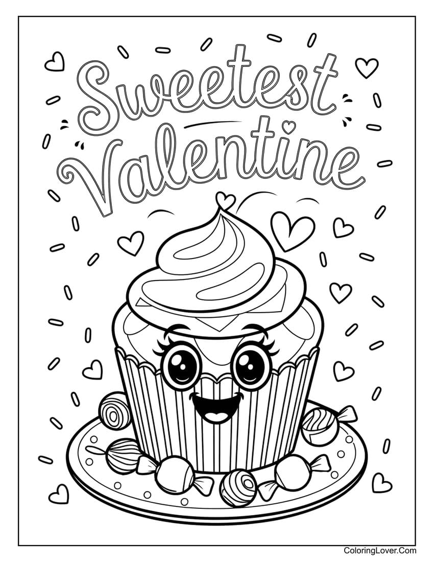 Valentine’s Day cupcake surrounded by hearts coloring page