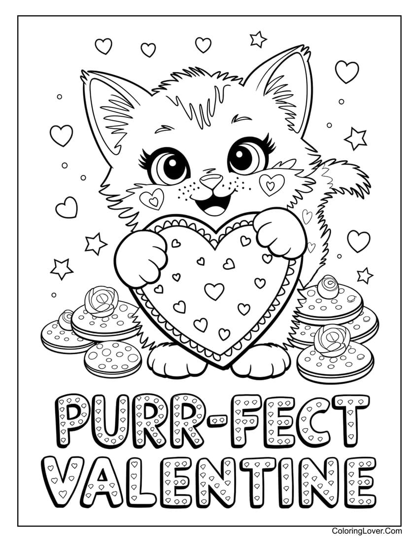 Valentine’s Day kitten holding heart-shaped Valentine card coloring page