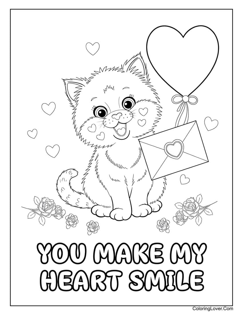 Valentine’s Day kitten with love letter coloring page