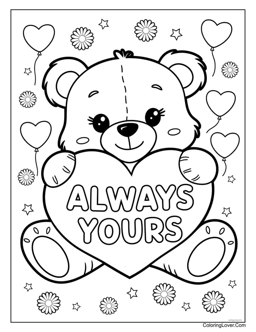 Valentine’s Day teddy bear with heart and flowers coloring page