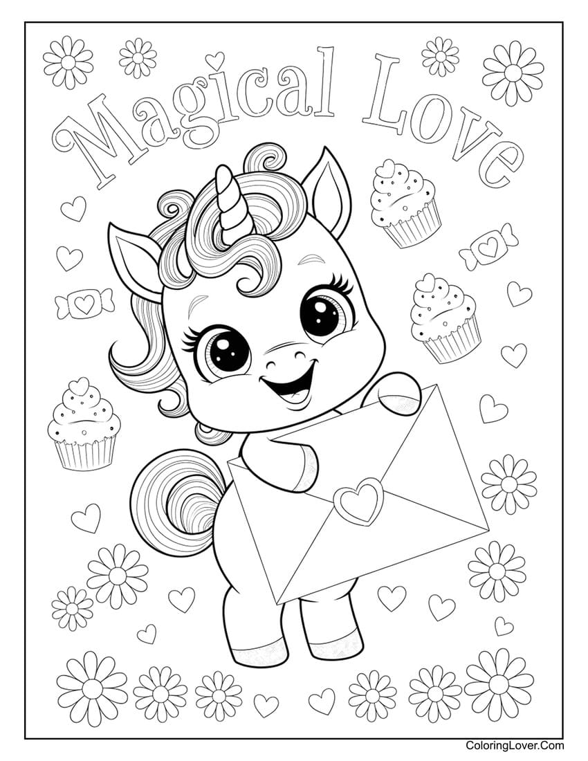 Valentine’s Day unicorn holding heart envelope coloring page