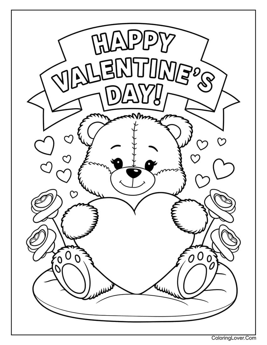 Valentine teddy bear holding a heart coloring page