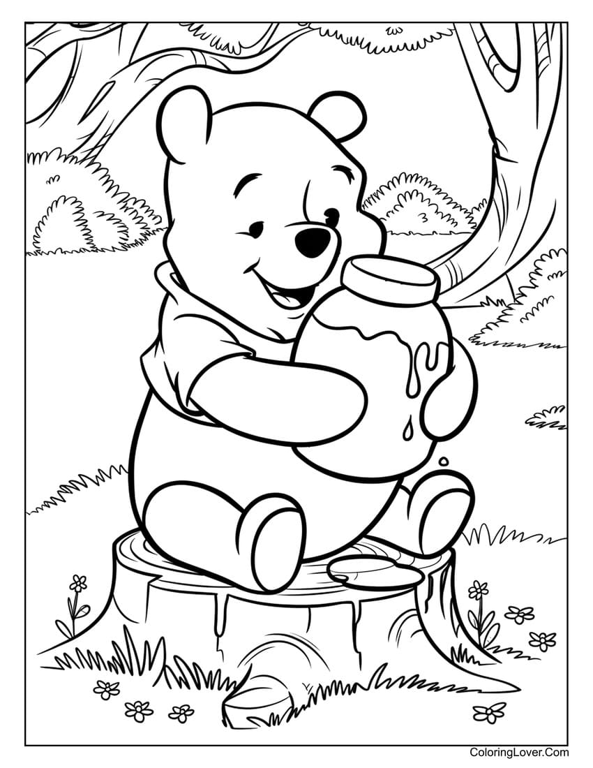 Winnie the Pooh Eating Honey Coloring Page for kids