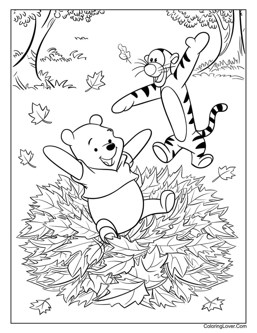 Winnie the Pooh Playing in Leaves with Tigger Coloring Page