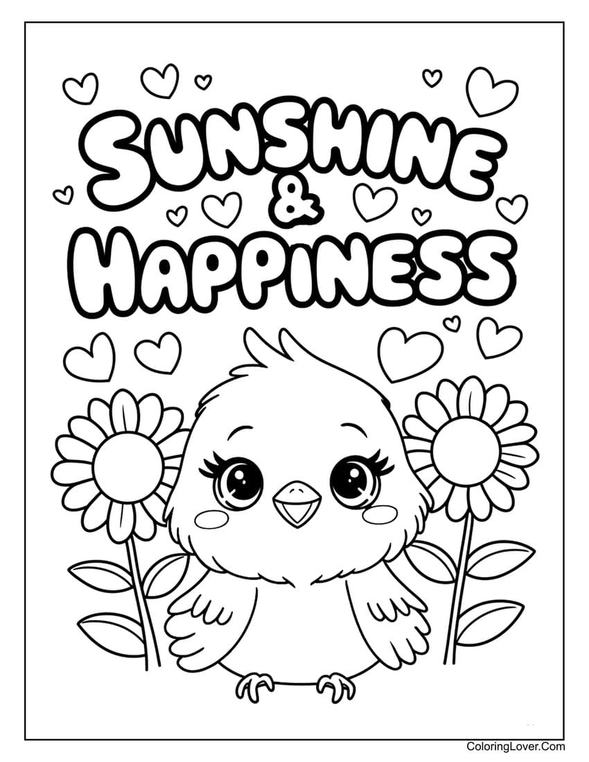 Cute chick with sunflowers summer coloring page