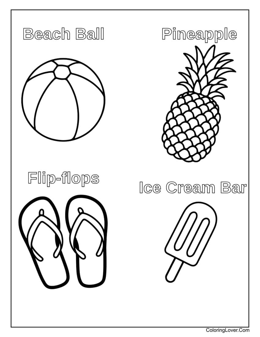 Beach ball, pineapple, flip-flops, ice cream summer coloring page