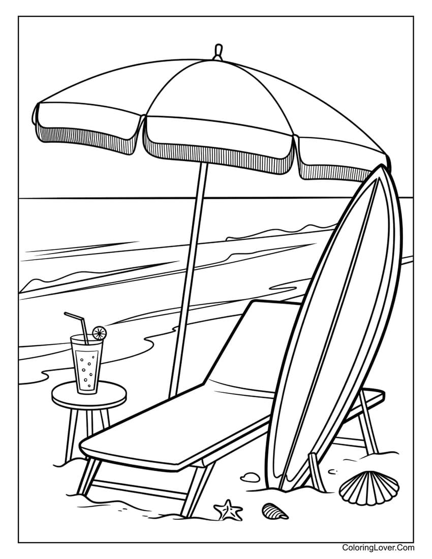 Beach chair with an umbrella, surfboard, and a tropical drink on the sand