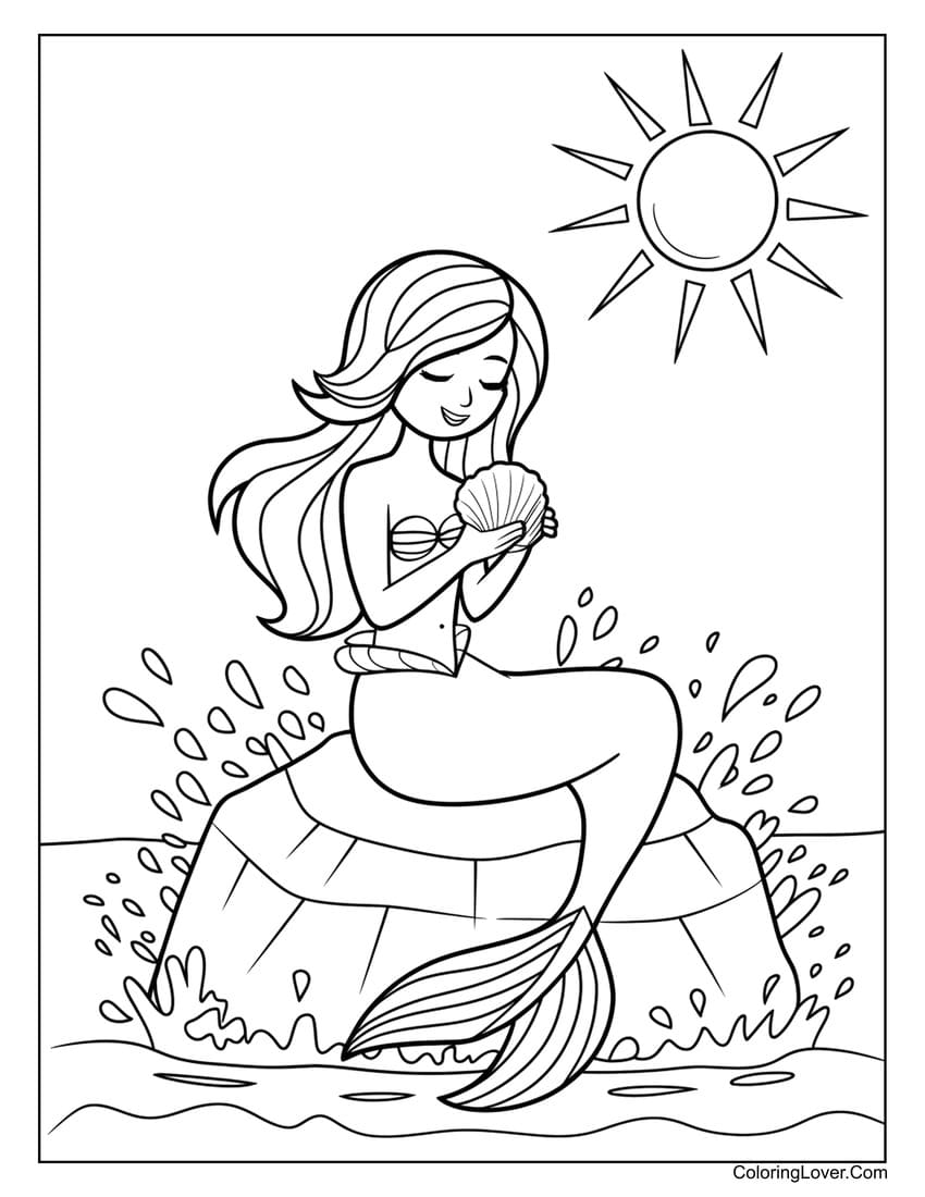 Beautiful Ariel sitting on a rock holding a seashell summer coloring page