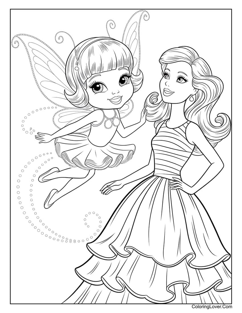 Beautiful fairy and Barbie princess coloring page for girls