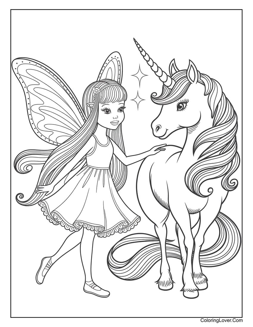 Beautiful fairy petting a unicorn coloring page