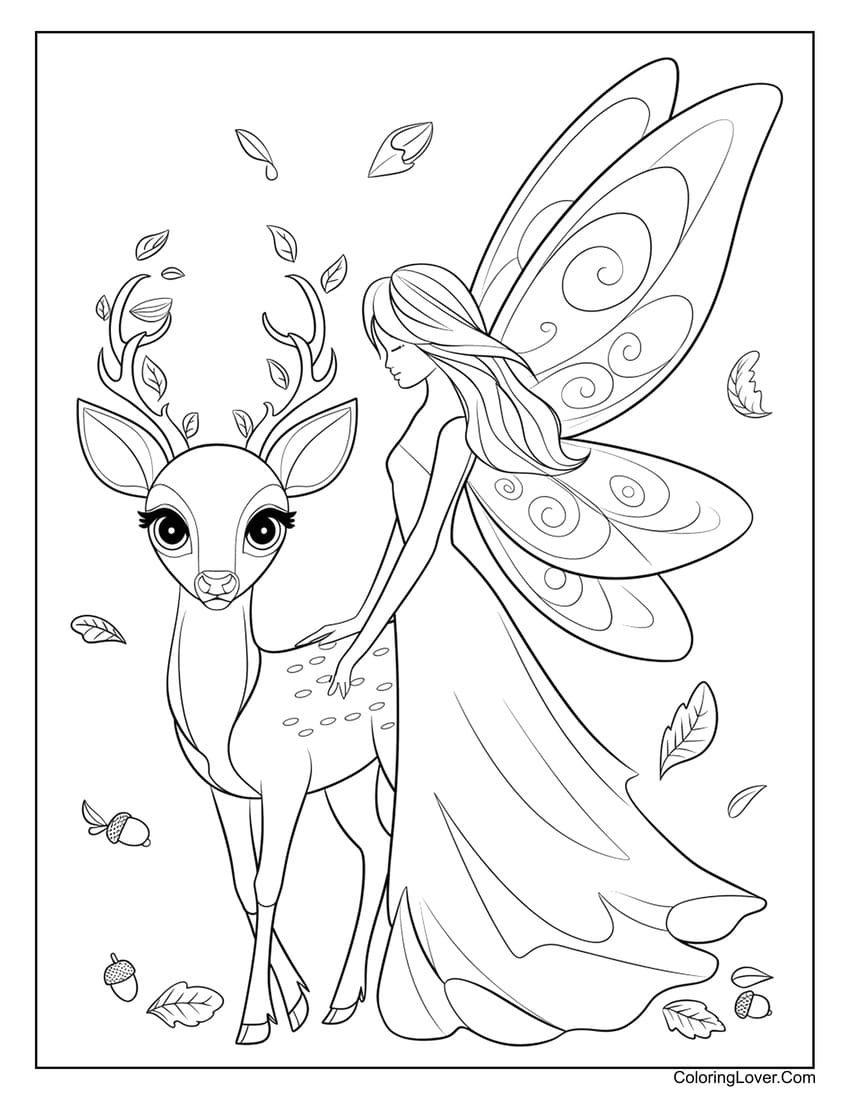 Beautiful fairy standing beside a deer coloring page