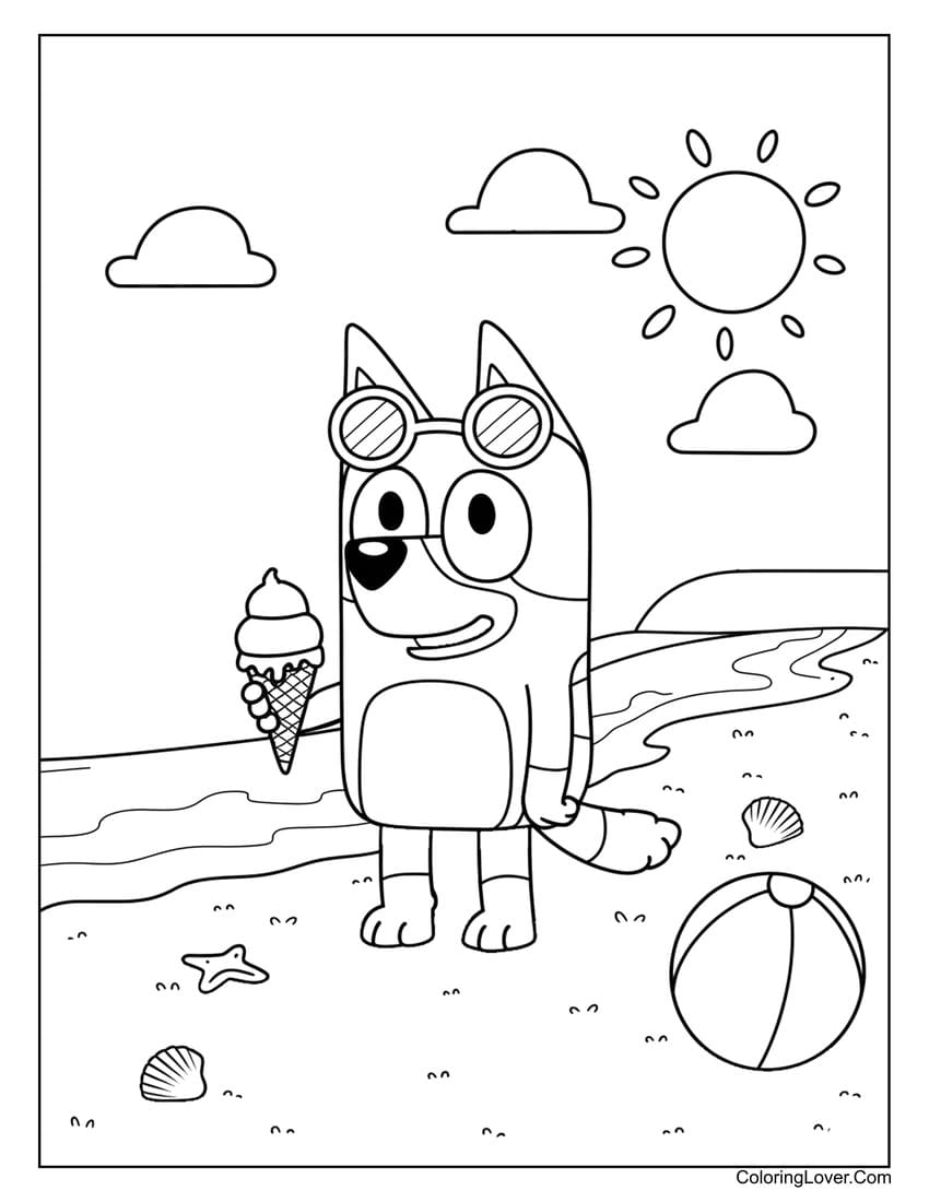 Bluey enjoying ice cream on the beach summer coloring page