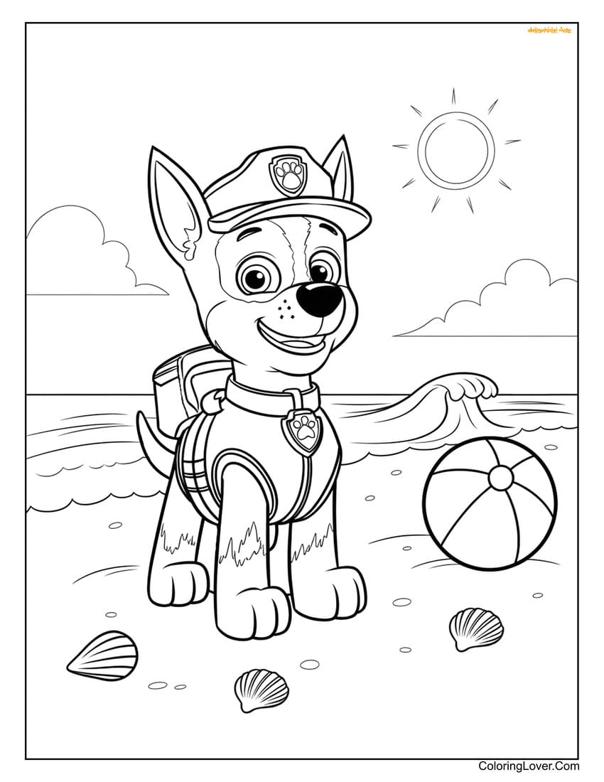 Chase playing with a beach ball on a sunny shore coloring sheet