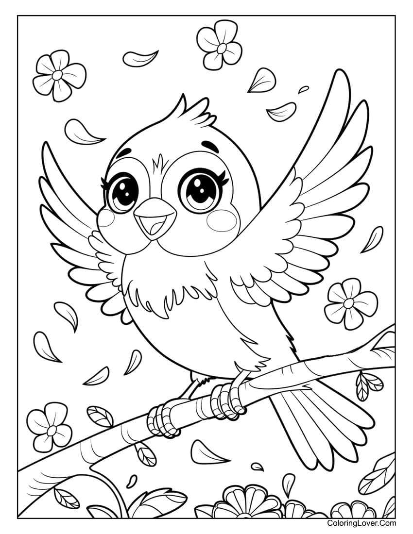 Cheerful bird spreading wings on summer tree coloring page