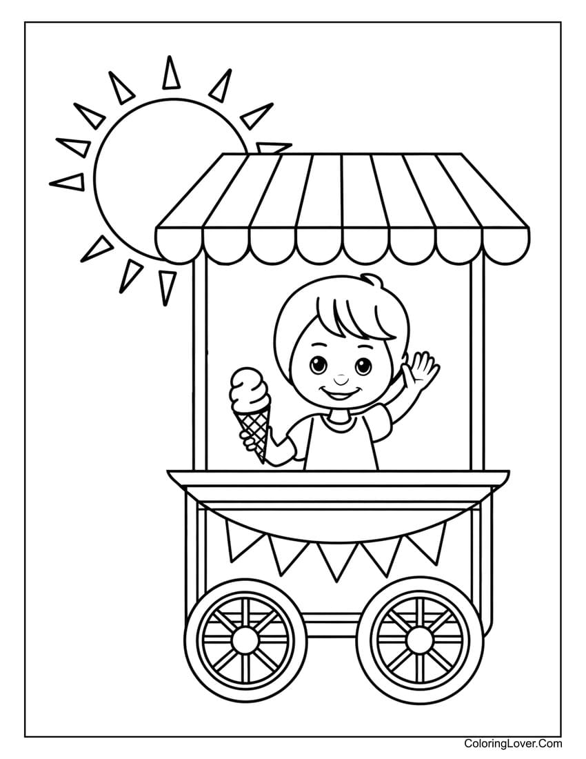 Child at ice cream cart waving in summer coloring page