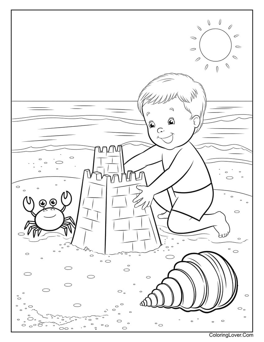 child building sandcastle with crab summer beach coloring page