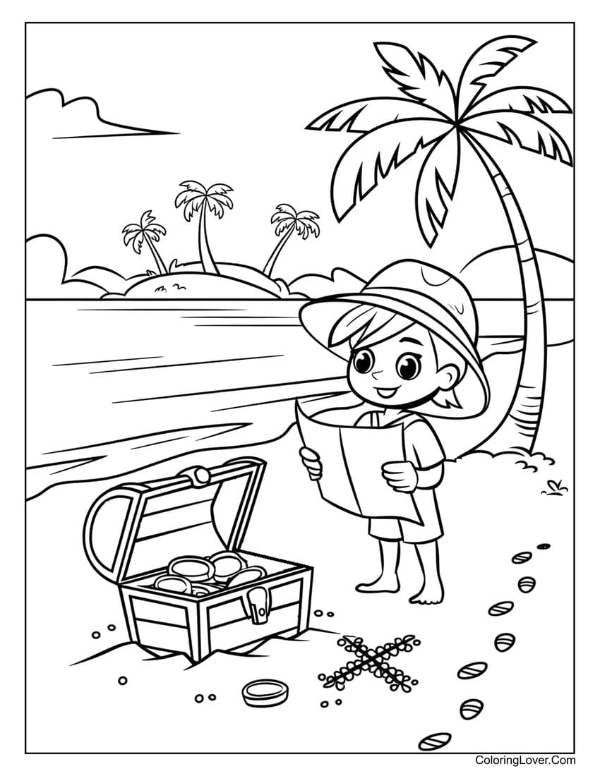 Child discovering a treasure chest on a tropical beach