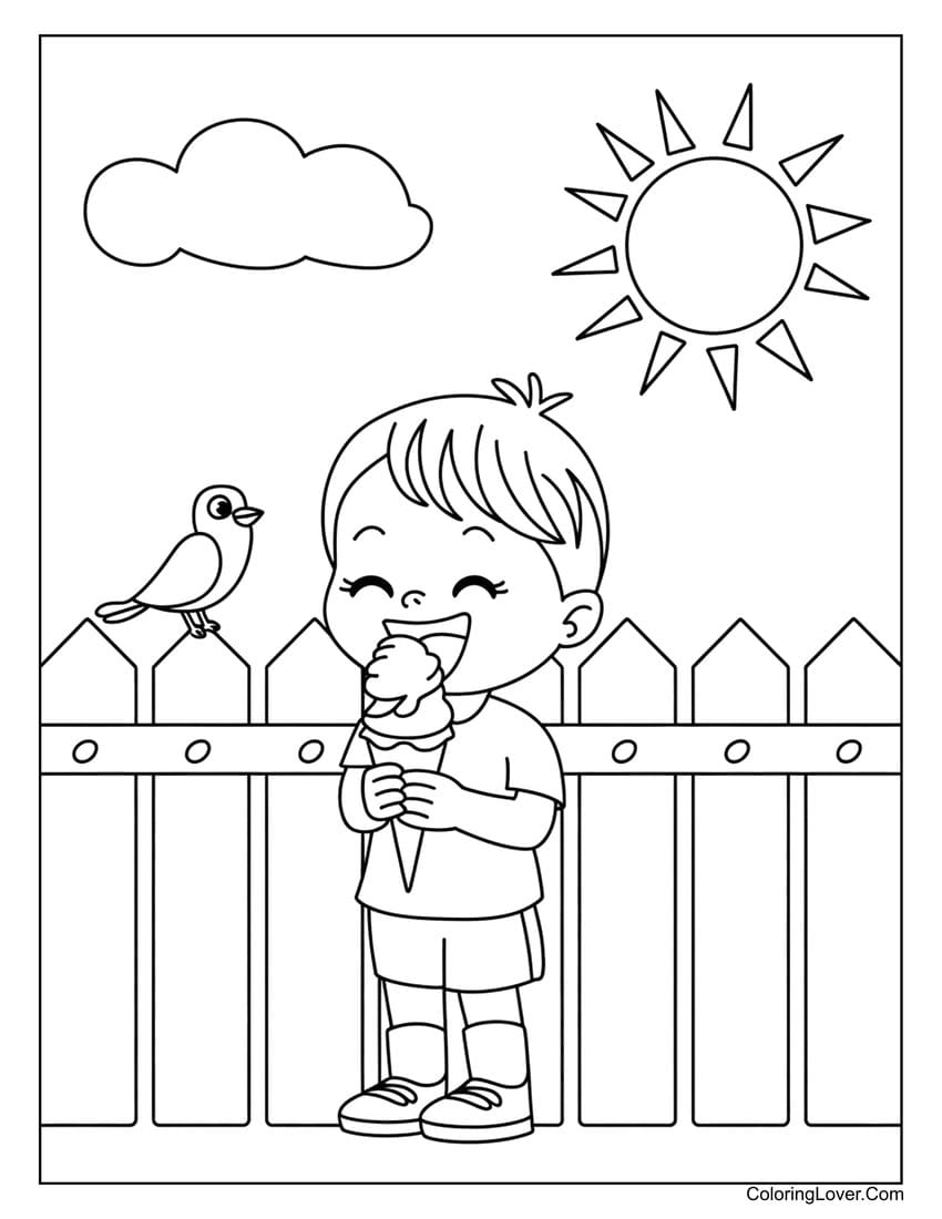 Child eating ice cream under summer sun coloring page