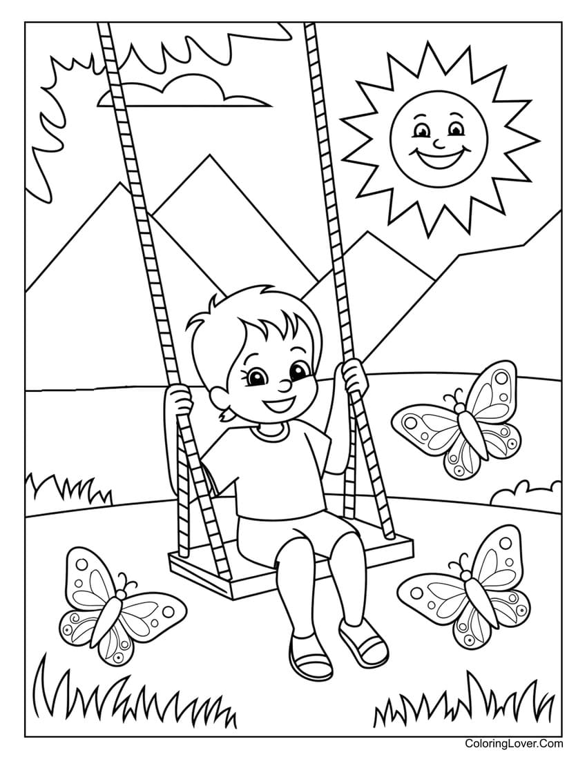 child having fun on a swing in summer coloring page