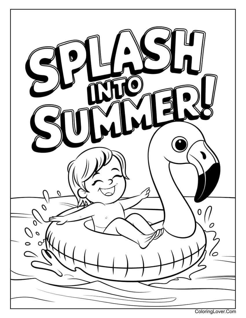 child playing in pool with flamingo float summer coloring page