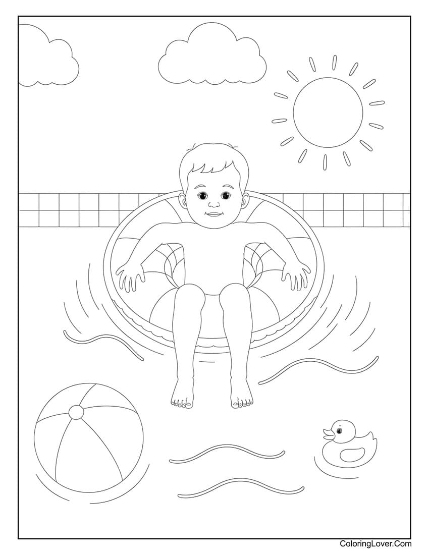 child relaxing in pool with swim ring summer coloring page