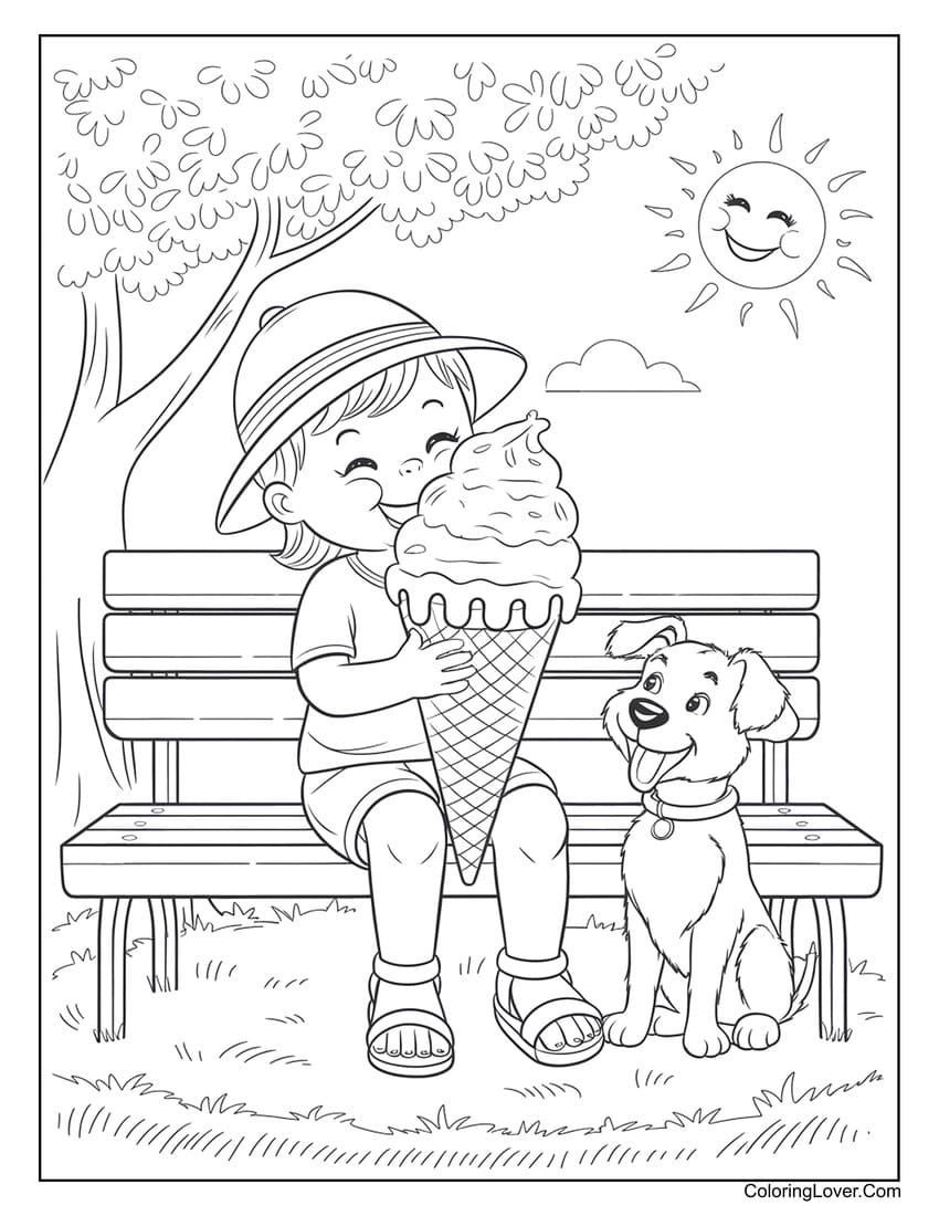 child sitting on bench eating ice cream summer coloring page