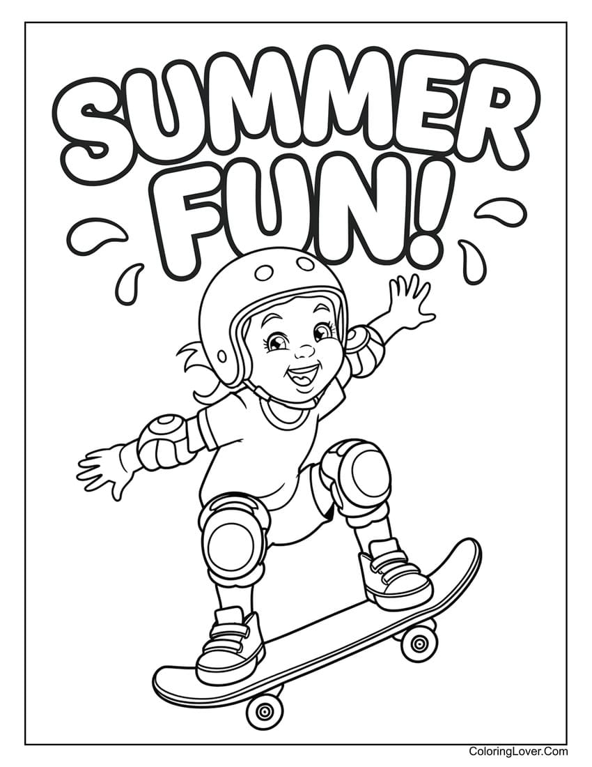 child skateboarding with summer fun text coloring page