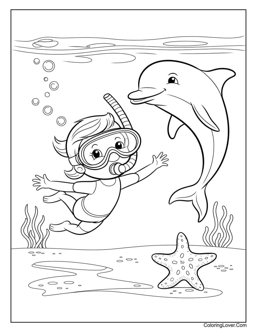 child swimming underwater with dolphin summer coloring page