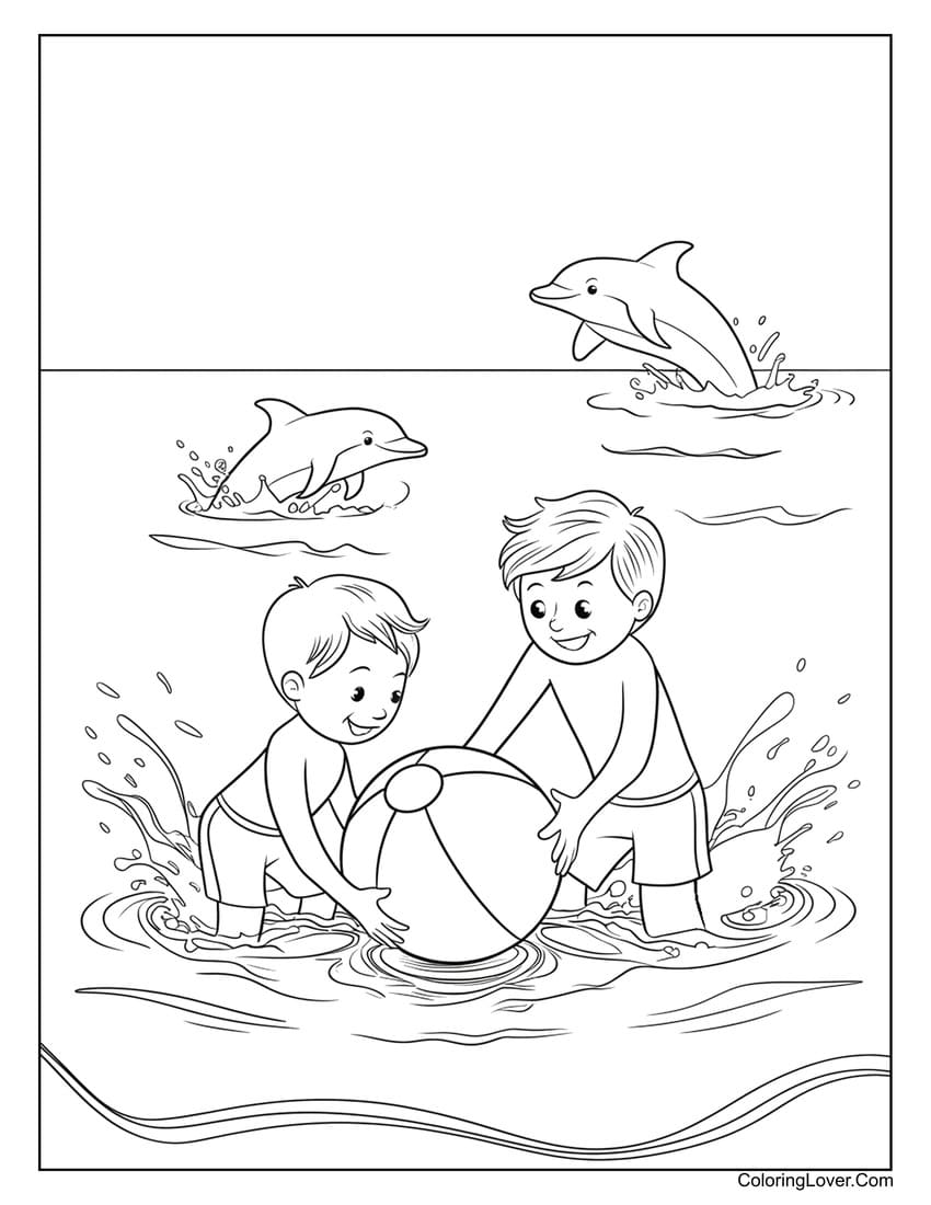 children playing with ball in ocean with dolphins summer coloring page