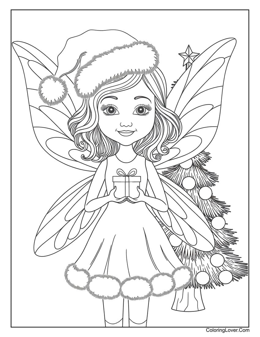 Christmas fairy holding a present coloring page