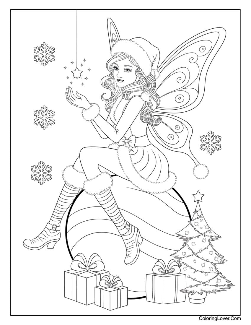 Christmas fairy sitting on ornament coloring page