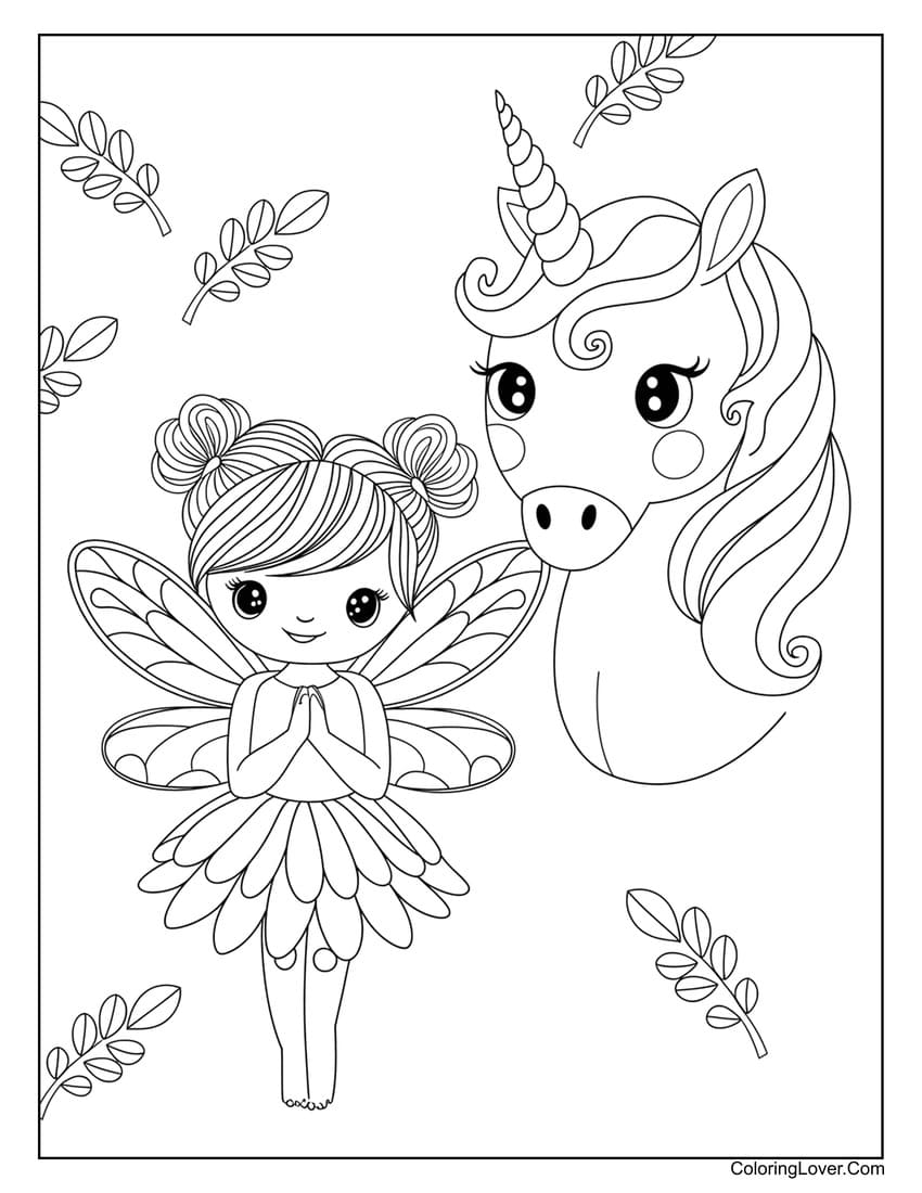 Cute fairy and unicorn in nature coloring page