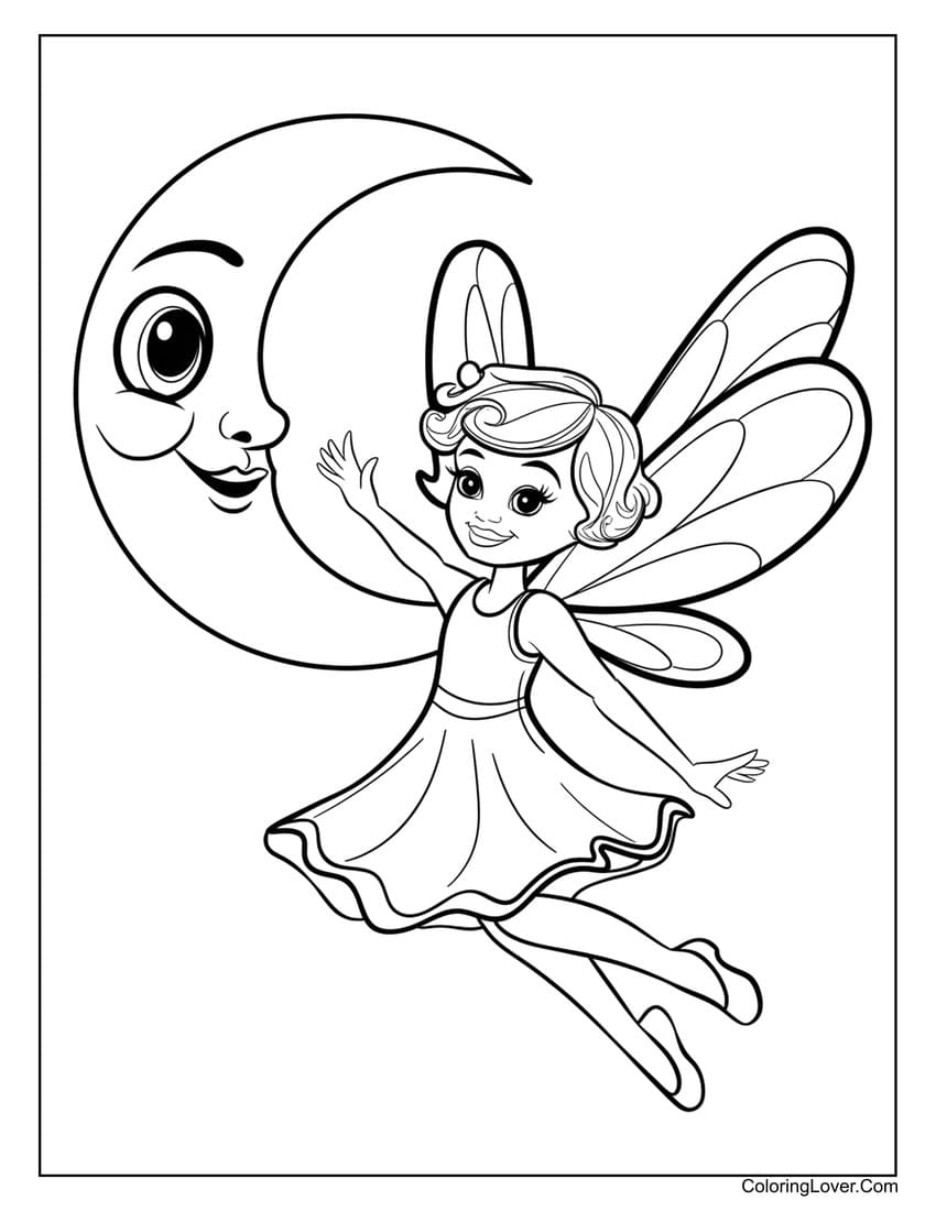 Cute fairy flying next to the moon coloring page