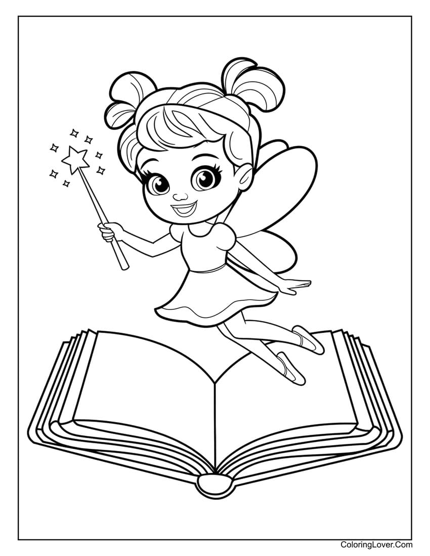 Cute fairy flying over an open book coloring page