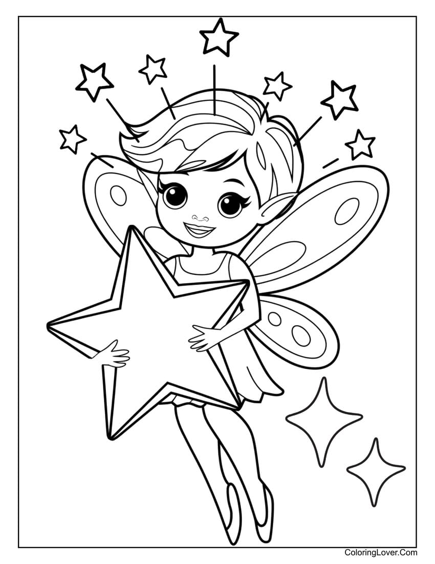 Cute fairy holding a big shining star coloring page